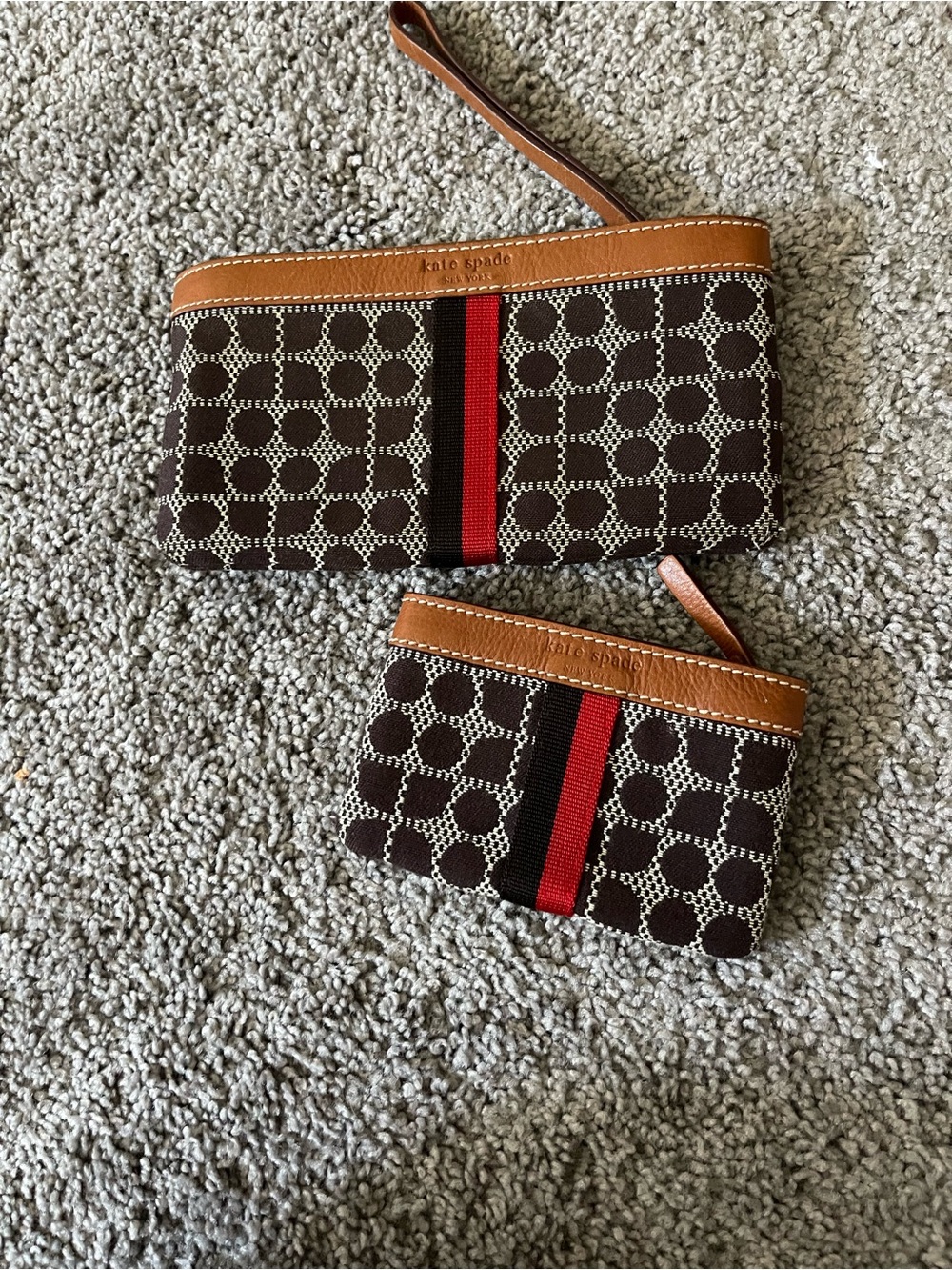 kate spade Brown Wristlet Set with Red and Black Stripe Detail
